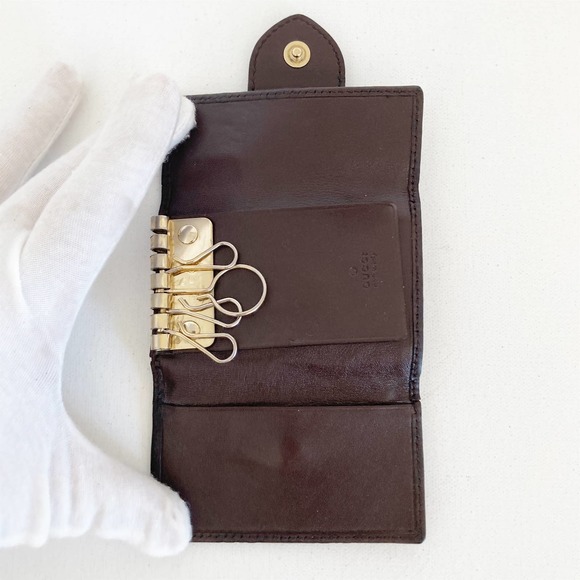 🤎🧨GUCCI Key Ring Case Brown Embossed Leather Micro Guccissima Gold Heart - Picture 4 of 11
